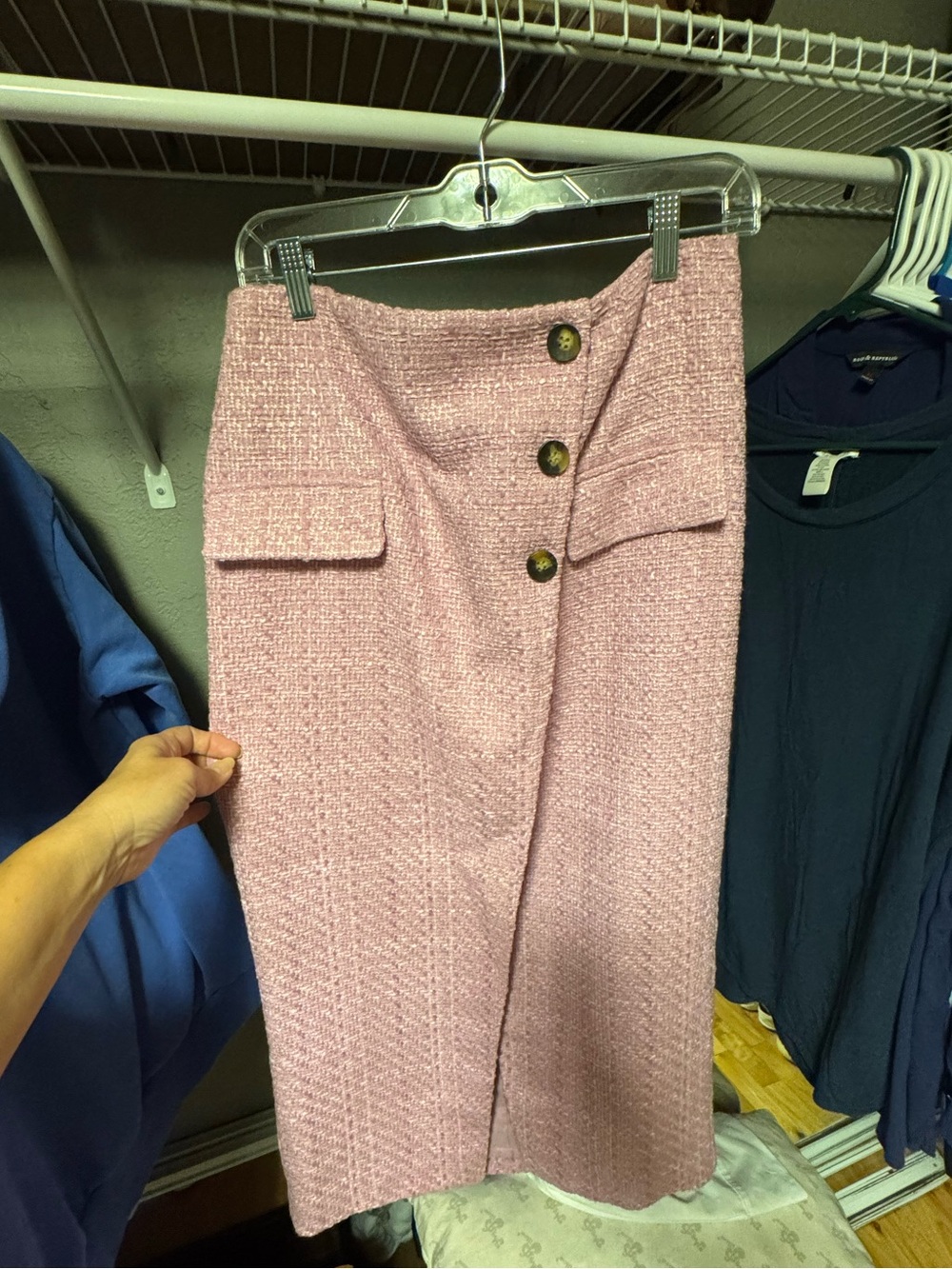 Ann Taylor Pink Tweed Midi Pencil Skirt with Decorative Buttons